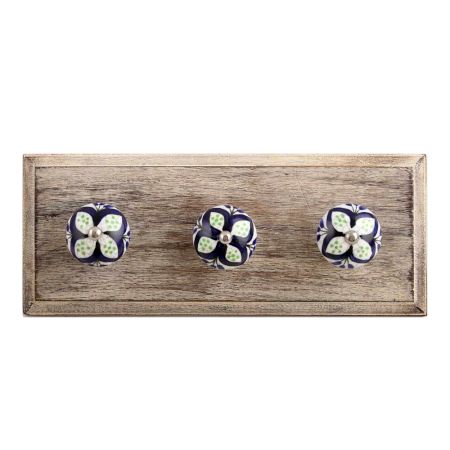 Navy Blue Flower Crackle Ceramic Wooden Hooks